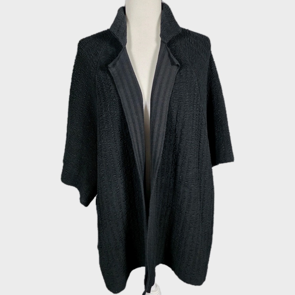 Eileen Fisher Silk Sheen Jacquard Jacket Womens L Black Open Front Cardigan $375